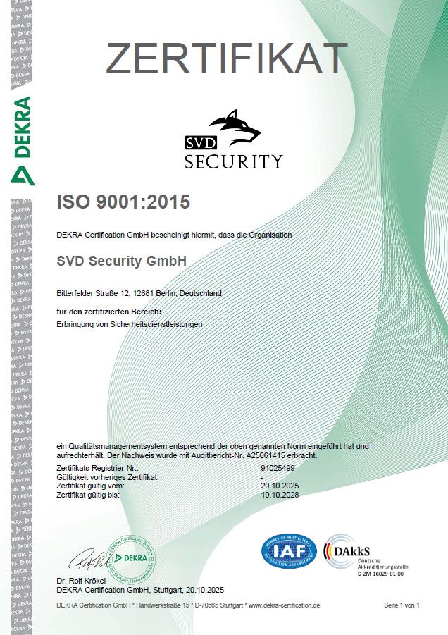 DEKRA ISO 9001:2015 Zertifikat für SVD Security GmbH Berlin