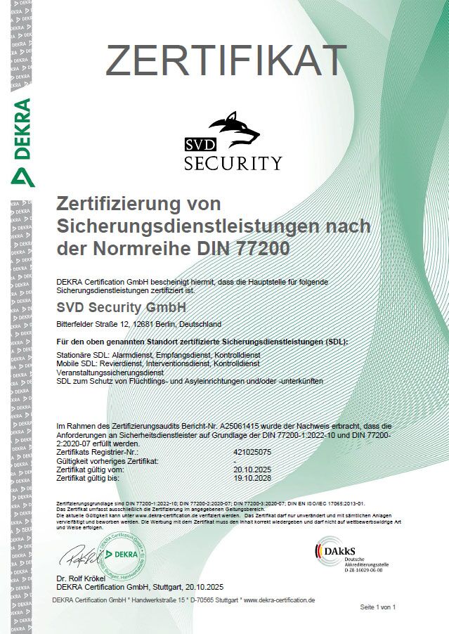 DEKRA-Zertifikat-DIN-77200-SVD-Security-Qualitätsnachweis